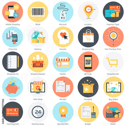 Shopping theme, flat style, colorful, vector icon set for info g