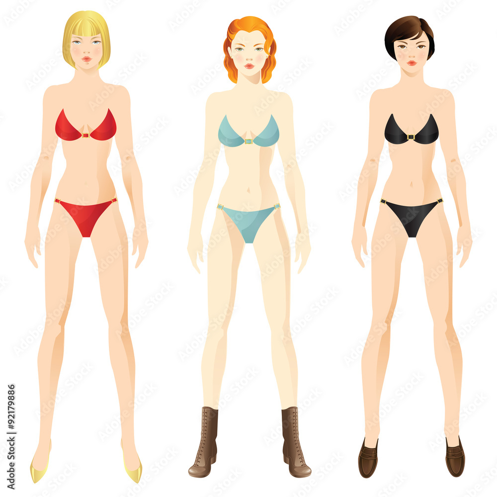 Woman body template. Redhead woman, blonde woman, brunette woman. Woman body template. Redhead woman, blonde woman, brunette woman.