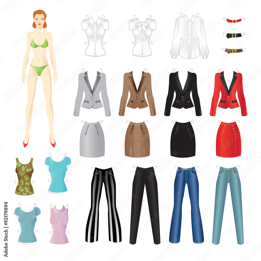 Doll with clothes. Set of template paper clothes for everyday and clothes for office. Doll with clothes. Set of template paper clothes for everyday and clothes for office.