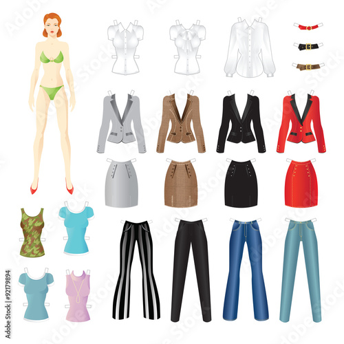 Doll with clothes. Set of template paper clothes for everyday and clothes for office.
