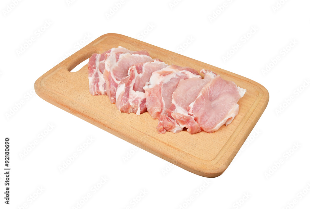 Raw meat steaks on wooden board, isolated on white background Raw meat steaks on wooden board, isolated on white background