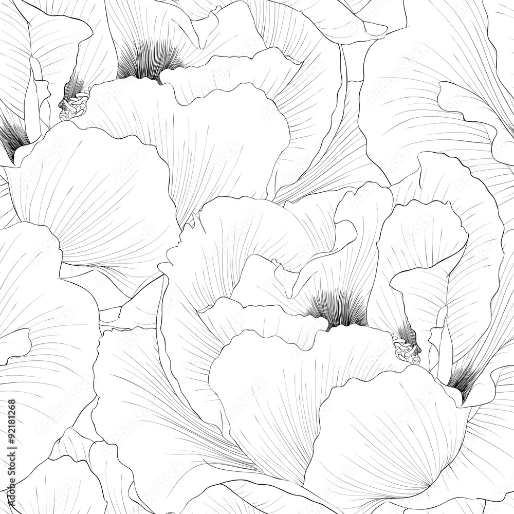 Fototapeta premium Beautiful monochrome, black and white seamless background with flowers Plant Paeonia arborea (Tree peony).