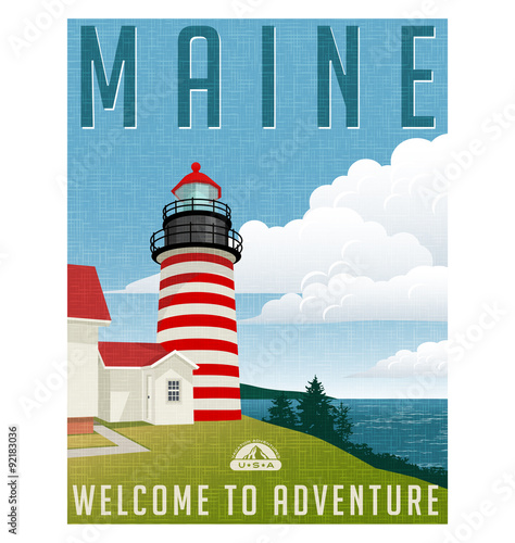 Retro style travel poster or sticker. United States, Maine lighthouse. 