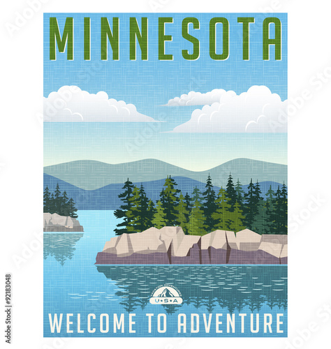 Retro style travel poster or sticker. United States, Minnesota scenic lake