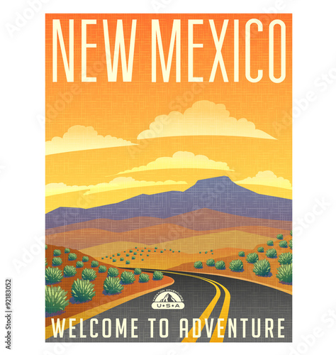 Retro style travel poster or sticker. United States, New Mexico desert mountain landscape.