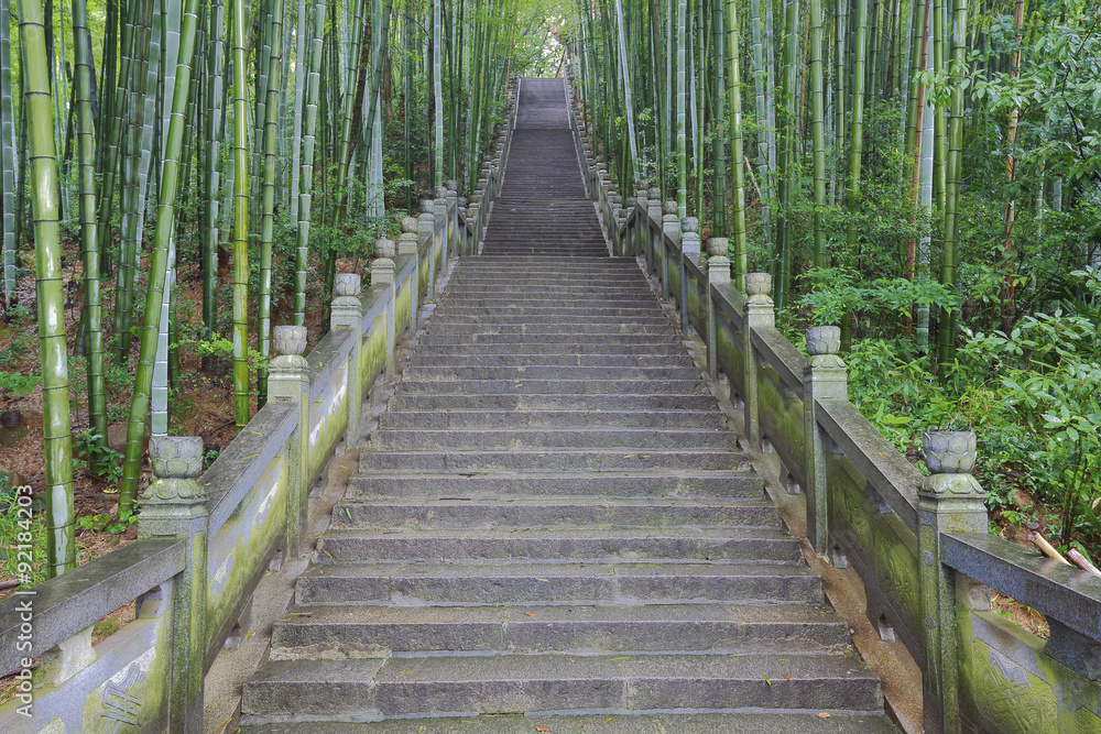 Fototapeta premium Scenic mountaineer step stairs next to the bamboo forest