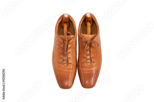 Male fashion leather shoes and shoe trees vintage style on top v