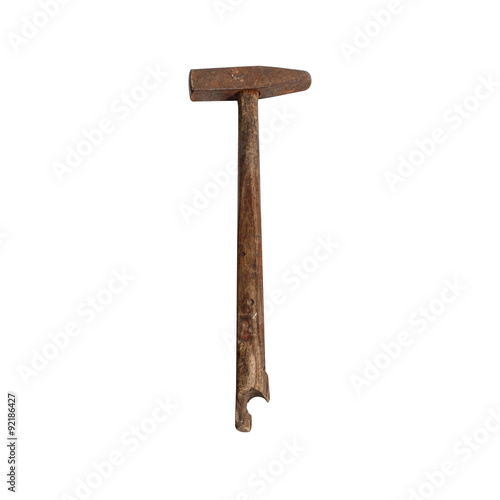 Old hammer wooden handle on white background