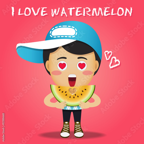 happy man carrying big sliced watermelon