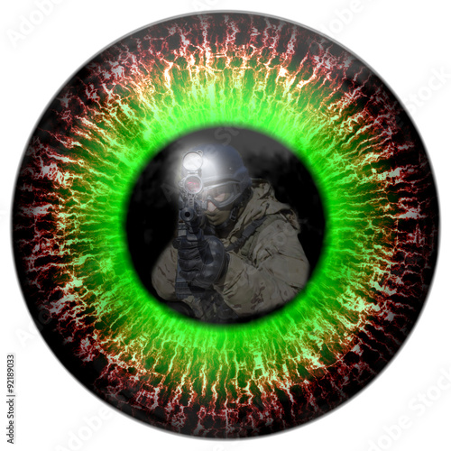 zombie eyes with the reflection headed soldier. Eyes killer. Deadly eye contact. Animal eye with contrast colored iris, detail view into eye. Killer zombies.