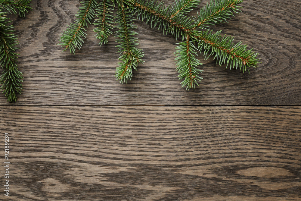 spruce twig on oak table, christmas spruce twig on oak table, christmas