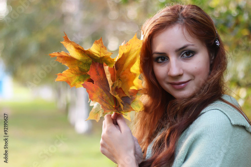 redhead girl Autumn leaves