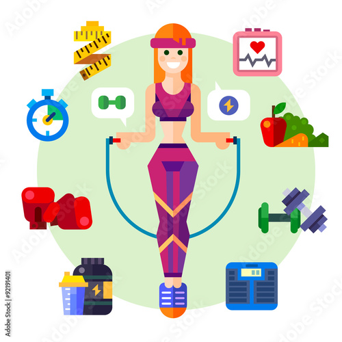 Happy and healthy fitness girl with a skipping rope, Sport style symbols: vegetables, shaping, cardio, dumbbells, boxing gloves, healthy food. Vector flat icon and illustration set