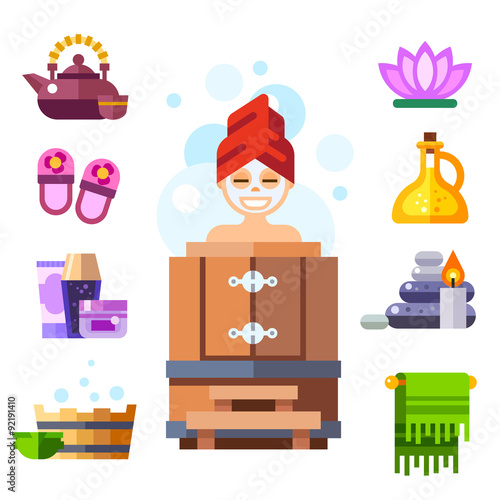 Happy spa girl. Sauna attributes: teapot, towel, shampoo, aroma oil, candles. Vector flat icon and illustration set