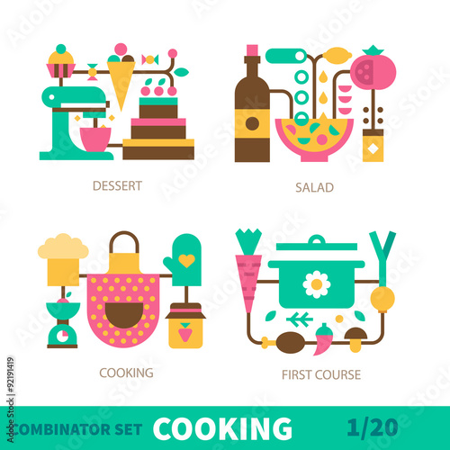 Cooking on the kitchen: all types of dishes. Vegetables for the soup, ingredients for the salad, delicious bakery, dessert and beverages. Vector flat icon and illustration set