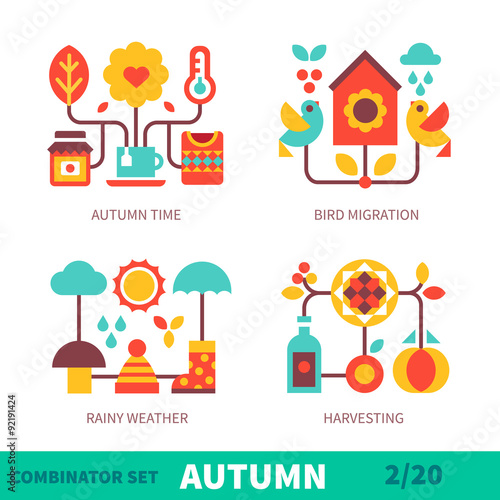 Autumn time: rainy weather, umbrella, cloud, warm clothes, harvesting, cold temperature, bird migration. Vector flat icon and illustration set