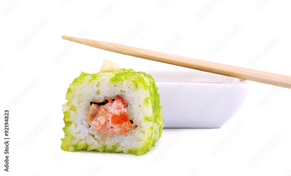Roll with sauce and wooden sticks isolated on white Roll with sauce and wooden sticks isolated on white