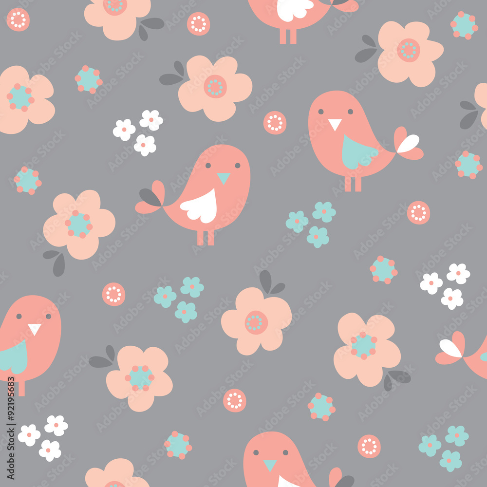 seamless pastel bird with flower pattern vector illustration