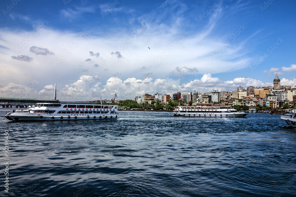 Fototapeta premium Galata tower - Istanbul sea front view, Bosporus, Turkey.