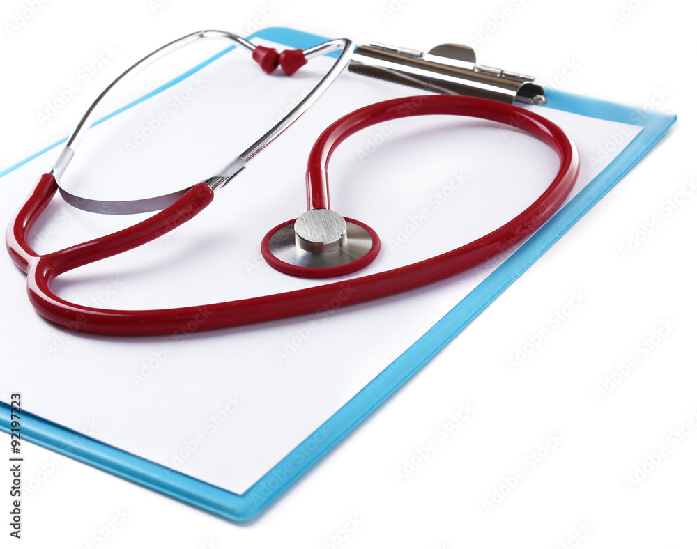 Medical stethoscope with clipboard isolated on white Medical stethoscope with clipboard isolated on white