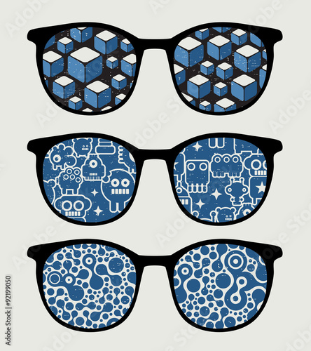 Retro sunglasses with blue reflection in it.