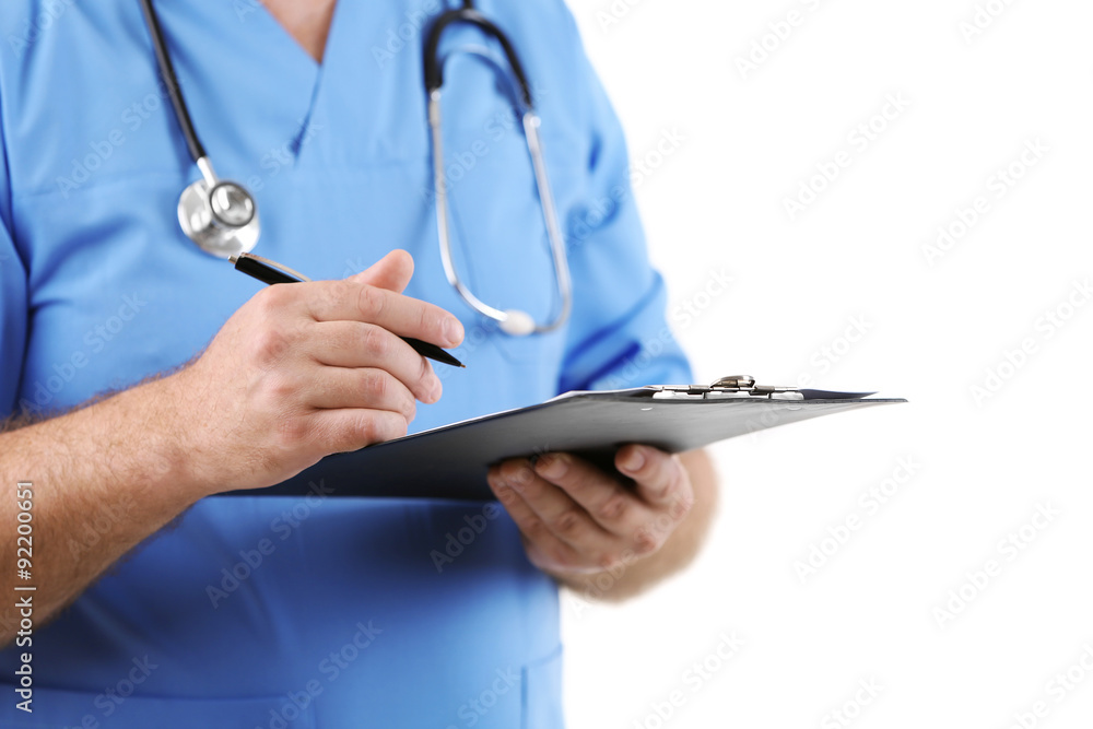 Doctor with clipboard isolated on white Doctor with clipboard isolated on white