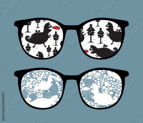 Retro sunglasses with winter dragons reflection.
