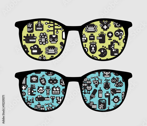 Retro sunglasses with robot faces reflection.