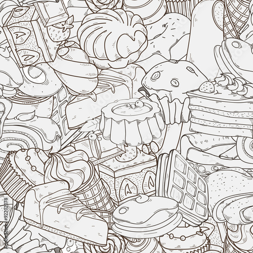 Vector seamless hand drawn pattern with  cakes and different sweets