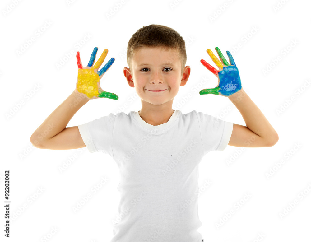 Little boy with hands in paint, isolated on white Little boy with hands in paint, isolated on white