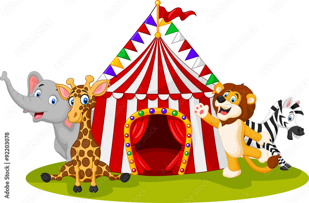Obraz premium Cartoon animal circus with circus tent 