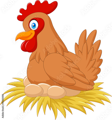Cartoon hen in the nest brooding her egg