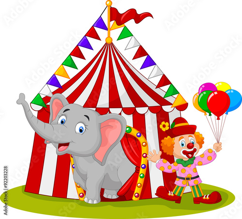 Cartoon cute elephant and clown with circus tent
