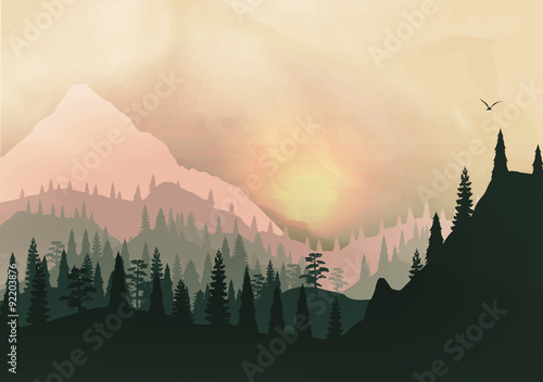 Sunset Panorama of Mountain Ridges and Pine Forest - Vector Illustration