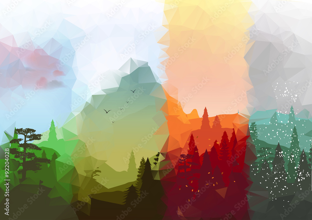 Four Seasons Banners with Abstract Forest and Mountains - Vector Illustration - obrazy, fototapety, plakaty 