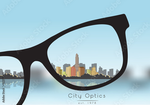Out of Focus Business Building City with Sky and with Glasses that Correct the Vision - Vector Illustration