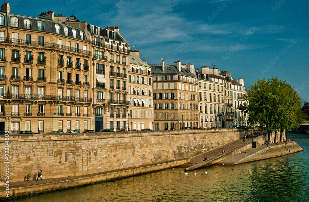 River Seine with nice houses in Paris, France