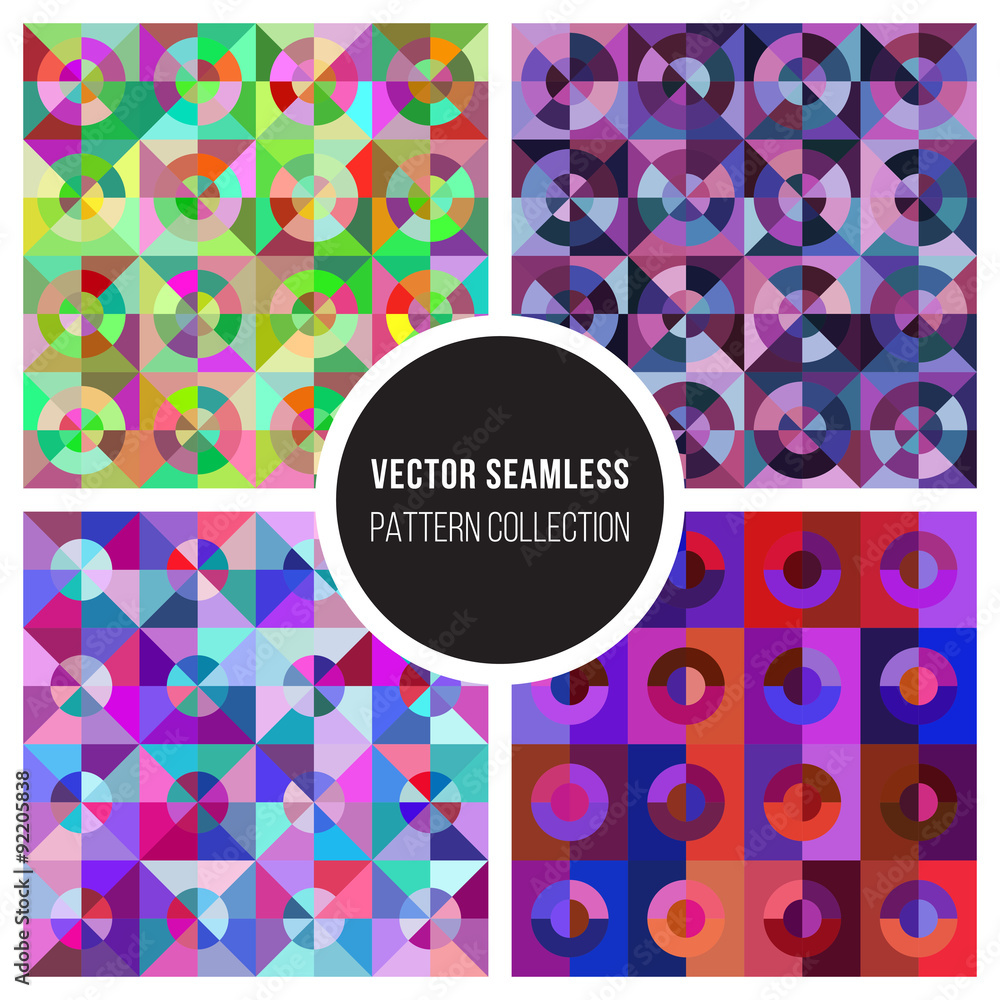 Set of Four Vector Seamless Color Geometric Circle Square Background Pattern Collection