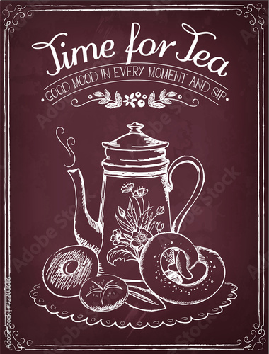 Retro illustration Time for tea with teapot and bakery