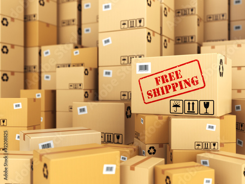 Free shipping or delivery. Cardboard boxes background.