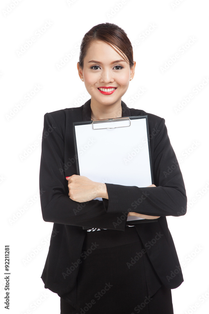 Young Asian business woman hold clipboard Young Asian business woman hold clipboard