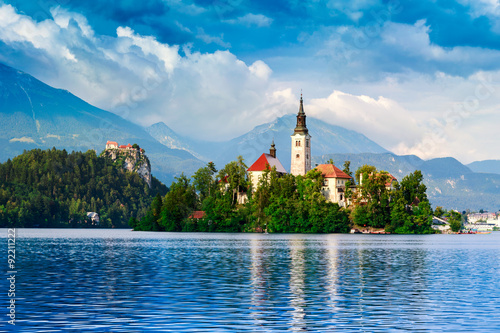 Bled with lake, island, castle and mountains photo