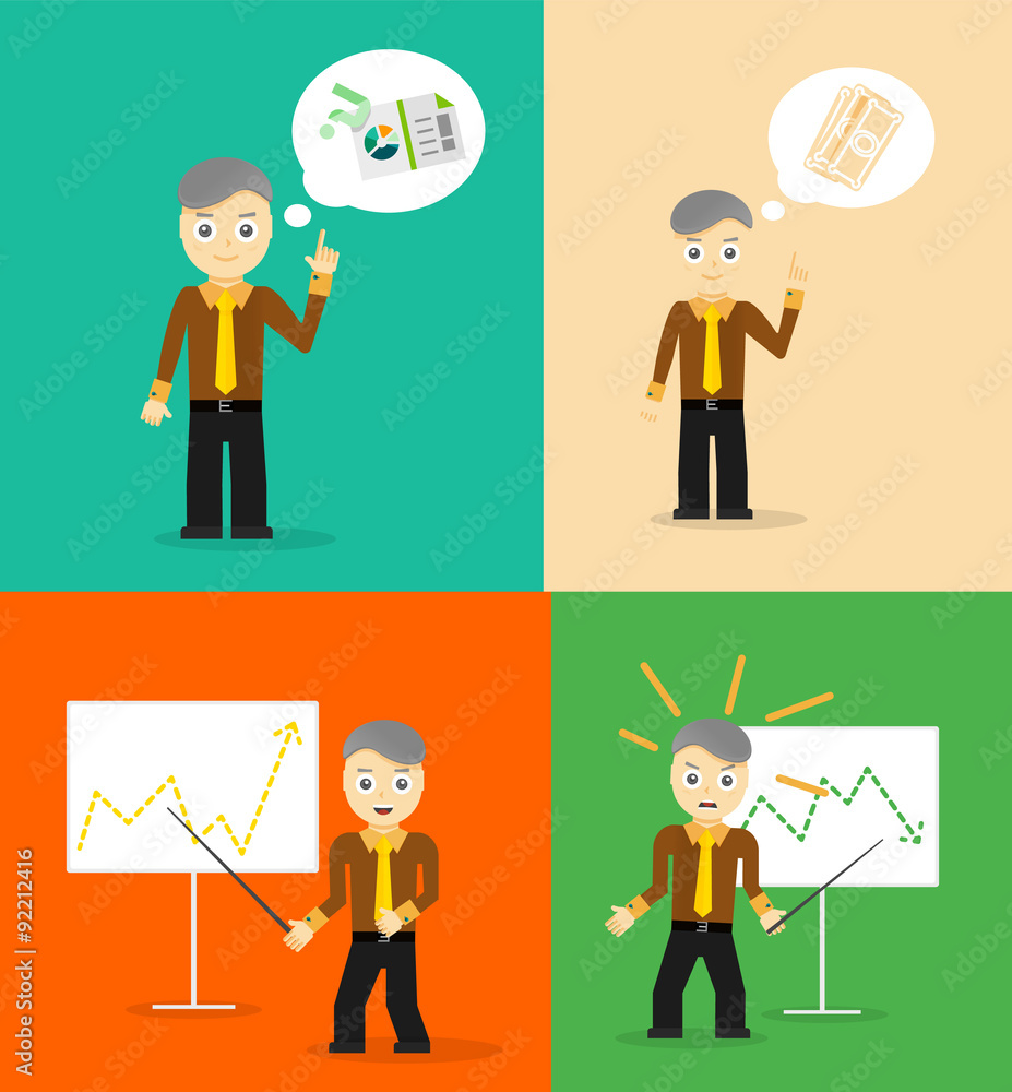 Set of cute cartoon young businessmen. Idea concept and finance Set of cute cartoon young businessmen. Idea concept and finance