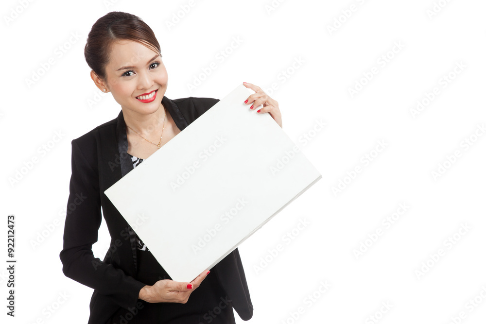 Young Asian business woman with white blank sign Young Asian business woman with white blank sign