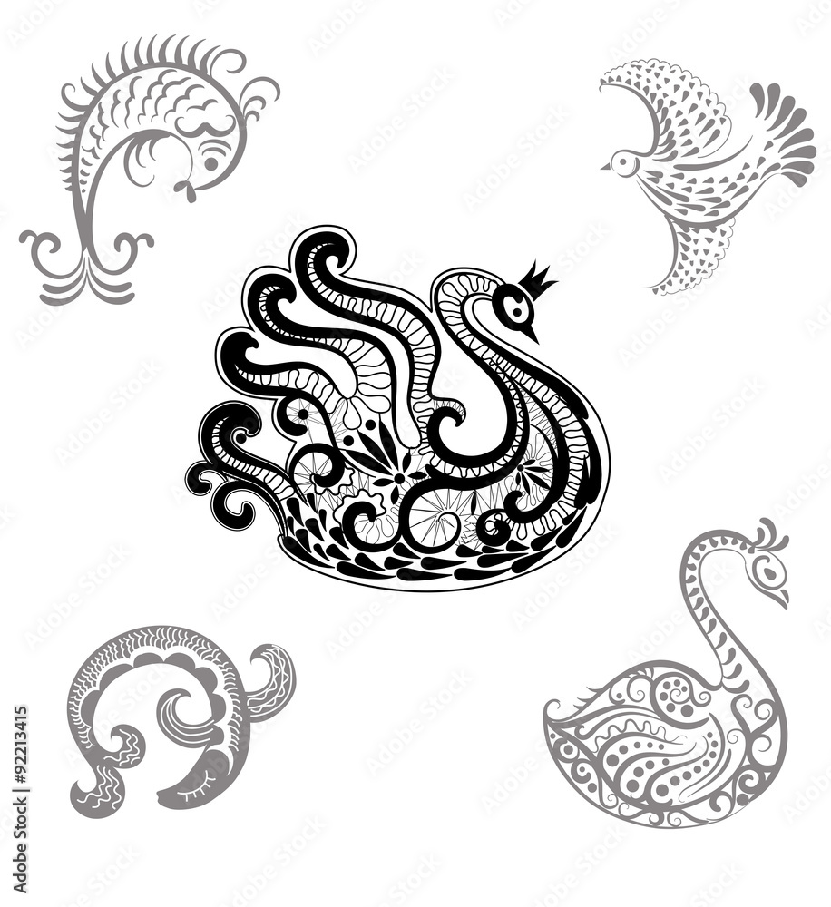 Obraz premium Set of hand drawn fishes and birds