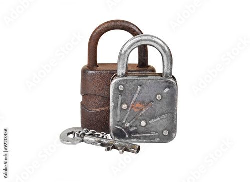 Vintage rusty lock and key, isolated on white background