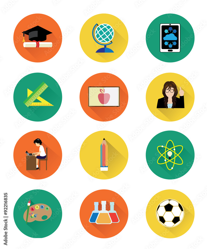 Modern flat education icons set with long shadow effect Modern flat education icons set with long shadow effect