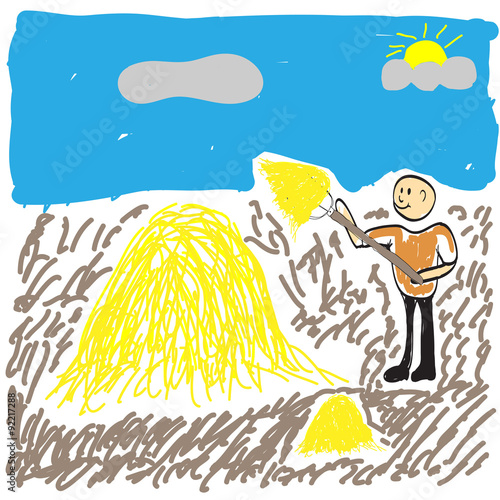 farmer with a pitchfork and a haystack, illustrator
