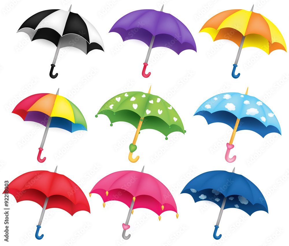Set of nine different coloured umbrellas - obrazy, fototapety, plakaty 