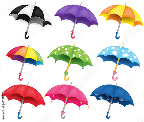 Set of nine different coloured umbrellas